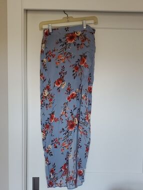 Sky and Sparrow Light Blue Maxi Skirt with Red Floral Print